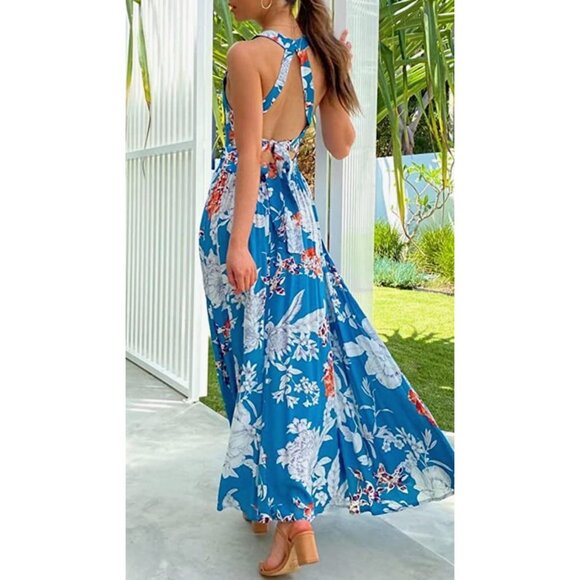 Boho Teal Blue Floral Printed Halter Neck Cut Out Flowy Long A-Line‎ Maxi Dress - Picture 3 of 7
